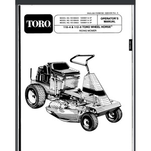 May include: Black and white illustration of a Toro Wheel Horse riding mower. The model numbers are R3108403, R3108404, and R3128602. The manual is for models 110-4 and 112-6.
