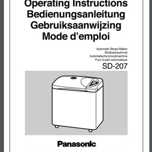 May include: A black and white illustration of a Panasonic SD-207 automatic bread maker. The bread maker has a large, rectangular body with a lid on top. The lid has a small window in the center. The bread maker is sitting on four small legs.