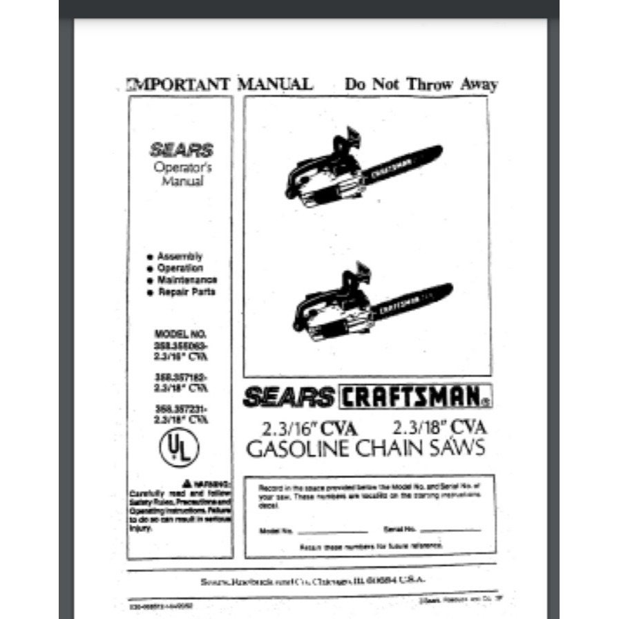 Sears CVA Chainsaw 358.155063 Operator's Manual 36 PAGES - Etsy