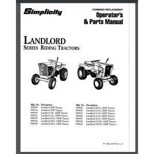May include: Black and white line drawing of two Simplicity Landlord series riding tractors. The tractors have different model numbers and horsepower ratings. The image includes a table listing the model numbers and descriptions of the tractors.