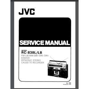 May include: A black and white service manual for the JVC RC-838L/LB cassette recorder. The manual has the model number, FM-LW-MW-SW1-SW2-SW3 6-BAND, BIPHONIC STEREO CASSETTE RECORDER, and the text "No. 1380 November 1978".