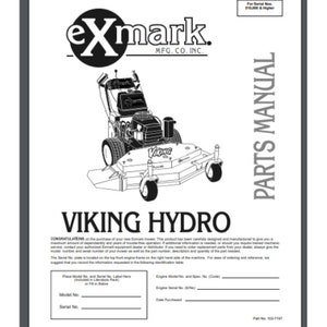 May include: Black and white line drawing of a Viking Hydro lawn mower. The mower has a large deck and a single blade. The mower is labeled "Viking" and "Exmark". The image is from a parts manual for the mower.