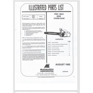 May include: Illustrated parts list for the Pro Mac 8200 chain saw. The document includes a table of contents with page numbers for each section. The document is dated August 1992.