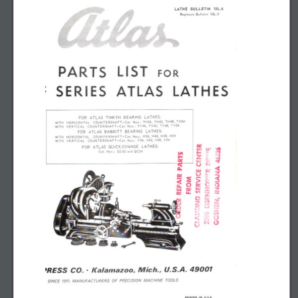ATLAS/CRAFTSMAN 10L Series Metal Lathe Parts Manual Gloss protectors comb bound