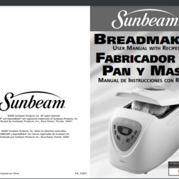 Sunbeam 5891 MANUAL de la panificadora automática 44 páginas más recetas encuadernadas con peine