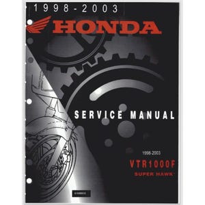 May include: A service manual for a Honda motorcycle, featuring the Honda logo and the text "SERVICE MANUAL." The cover is predominantly black with red and white text, and a motorcycle illustration. The manual covers the years 1998-2003.