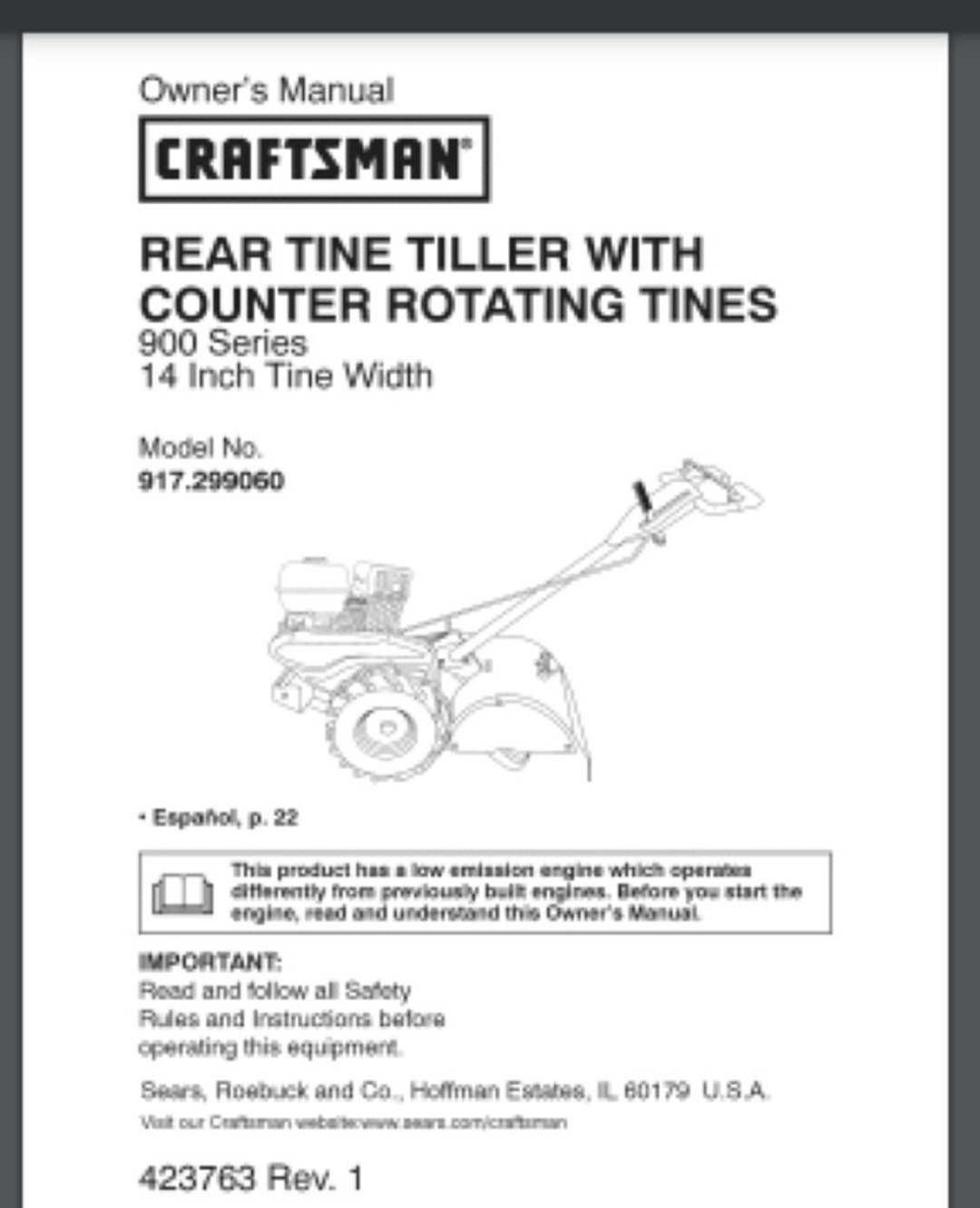 Craftsman Garden TILLER Model 917.299060 Owner