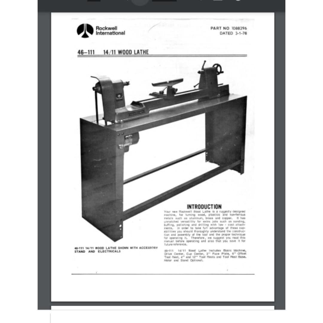 Rockwell 46111 14/11 Wood Lathe Owner and Parts List Manual 21 Pages