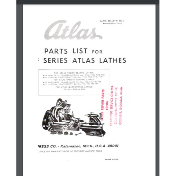 ATLAS/CRAFTSMAN 10-L Series Metal Lathe Parts Manual Gloss protectors comb bound