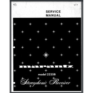 Może przedstawiać: Czarno-biała okładka instrukcji serwisowej dla odbiornika stereo Marantz model 2235B. Okładka zawiera wzór gwiazdy i logo Marantz.