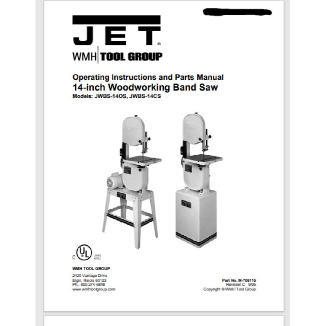 Jet JWBS14OS, JWBS14CS Band Saw Operators & Parts List Manual Etsy UK