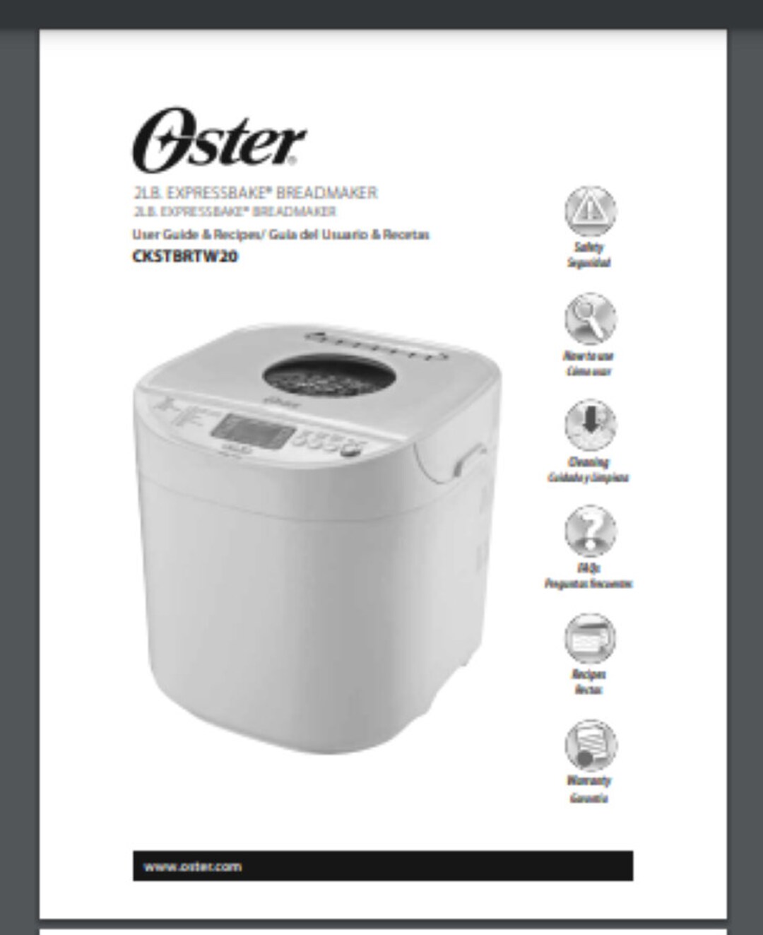 Oster CKSTBRTW20 Bread Maker Machine Owner & Recipe Manual 80 Pages