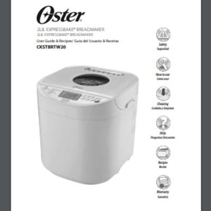 Op de afbeelding: Witte Oster 2 LB ExpressBake broodbakmachine met een digitaal display en bedieningspaneel. De broodbakmachine staat op een witte achtergrond met pictogrammen voor veiligheid, gebruik, reiniging, FAQ, recepten en garantie.