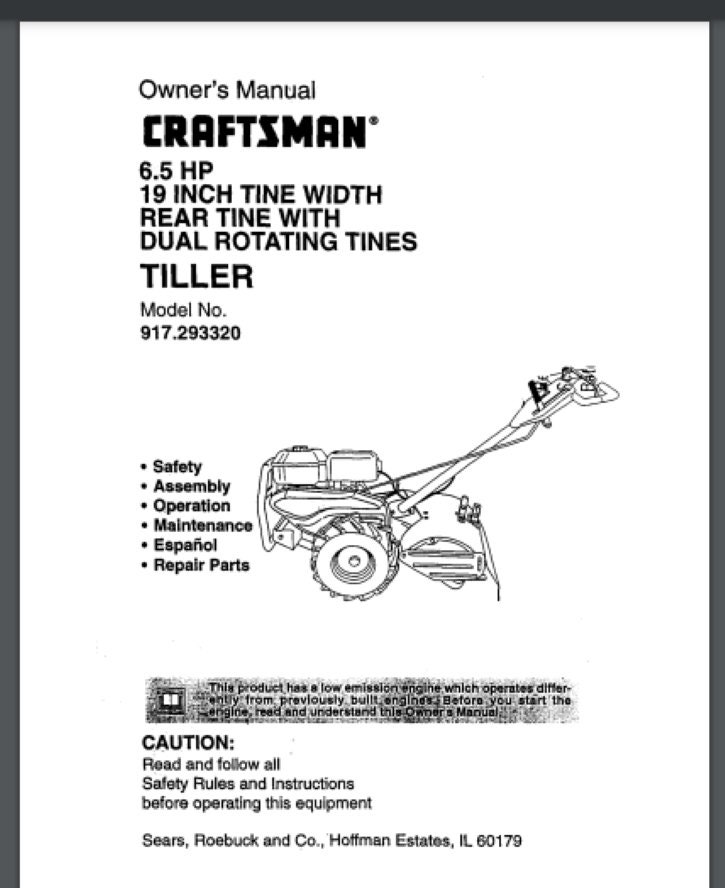 Craftsman Garden TILLER Model 917.29332 Owner's Manual 37 Pages 6.5 HP ...