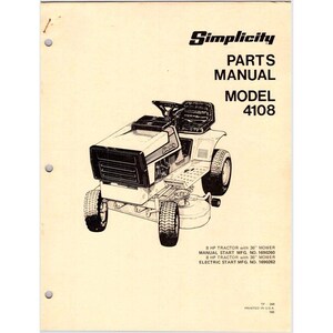 May include: A vintage Simplicity Parts Manual for Model 4108. The manual features a detailed illustration of a small tractor with a 36-inch mower. The cover includes the Simplicity logo and technical specifications.