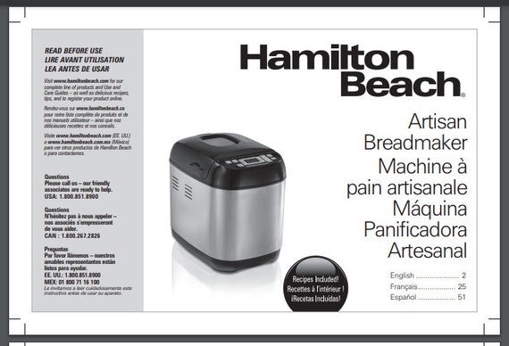 Hamilton Beach Artesian Bread Maker Machine Owner & Recipe 