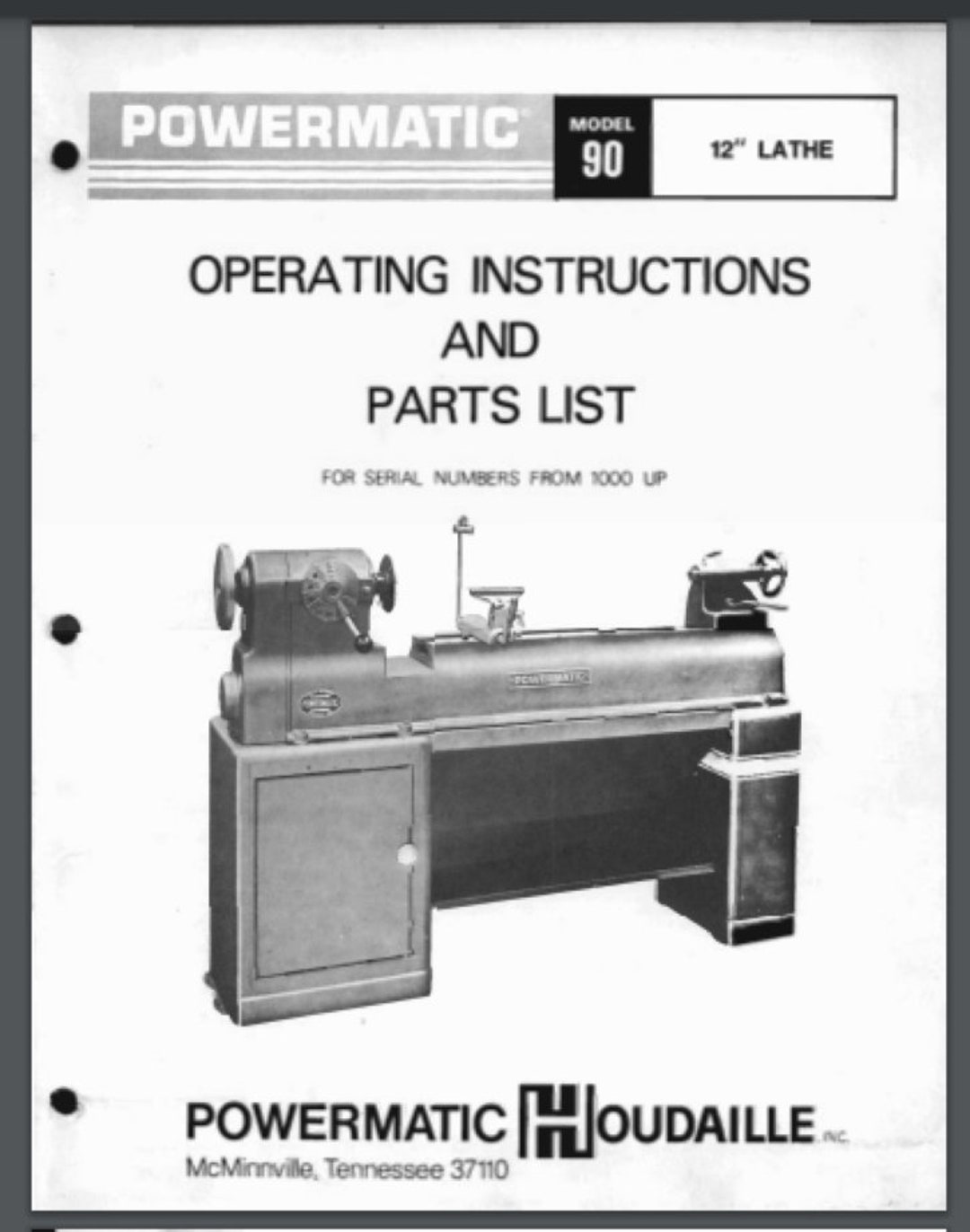 Powermatic Model 90 Lathe Instructions and Parts Manual 12 Pages