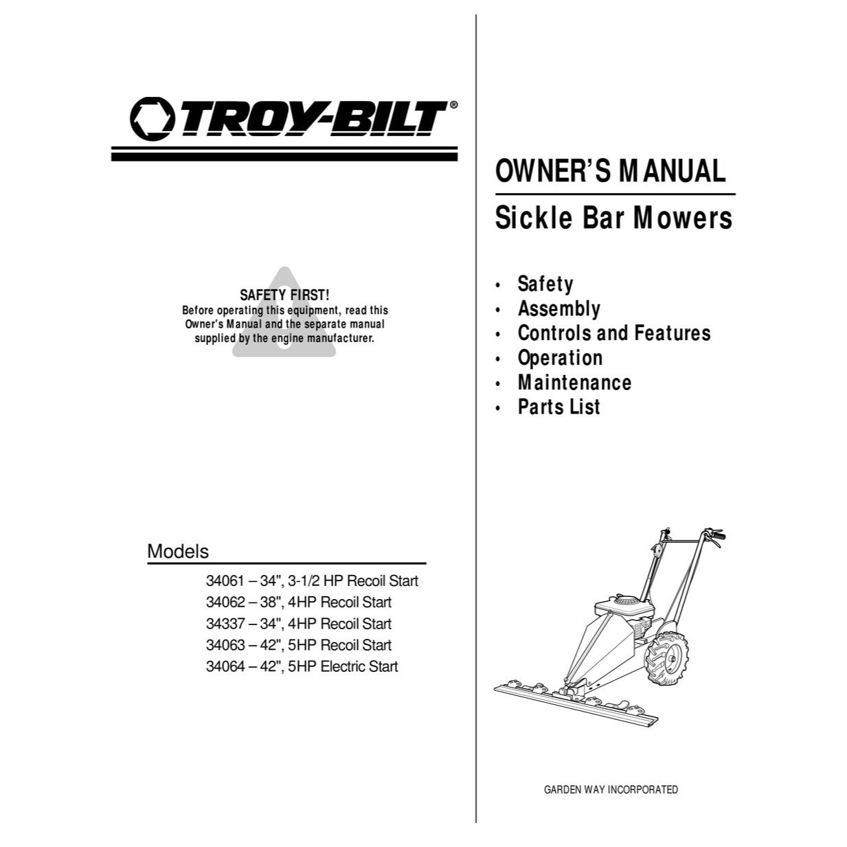 Troy Bilt Walk Behind Sickle Bar Mower Owner Parts Manual 34064 34061 34337