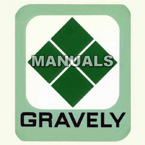 Op de afbeelding: Een rechthoekige sticker met afgeronde hoeken. Het heeft een lichtgroene rand en een witte achtergrond. Het midden toont een groen ruitontwerp met het woord "MANUALS" in vette, zwarte letters. Daaronder staat het woord "GRAVELY" in zwart.