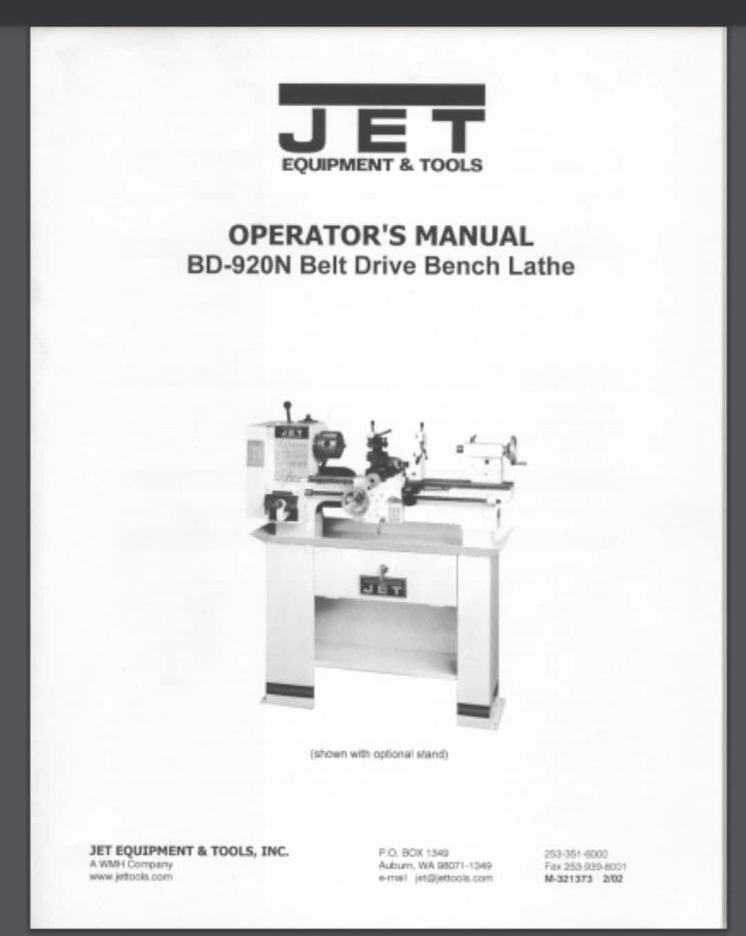 Jet BD920N Belt Drive Bench Lathe Owners Manual Comb Bound Gloss Cover