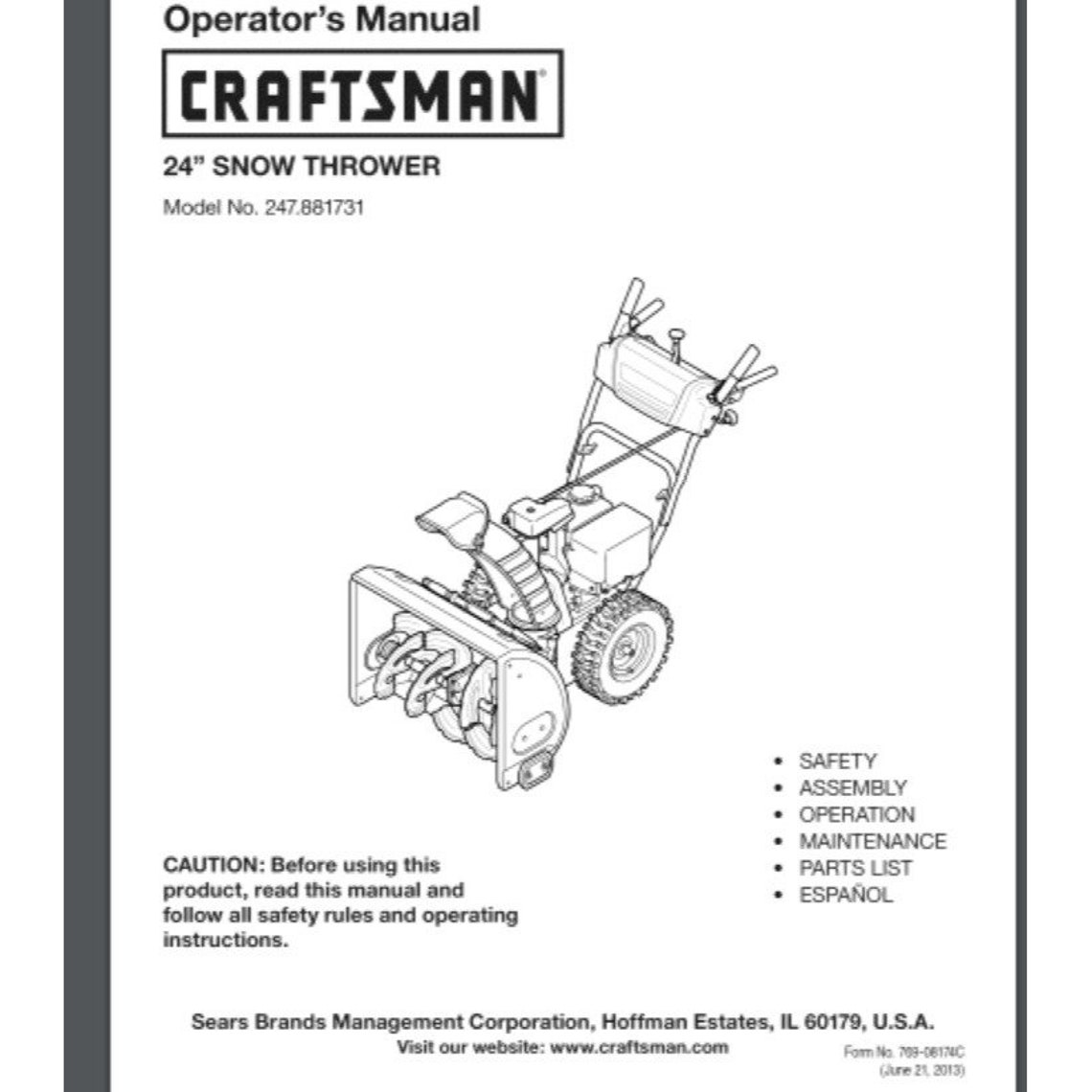 Craftsman 24 Inch Snow Blower 247.881731 Operator Parts Manual 47 Pages