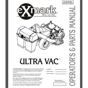 May include: Black and white line drawing of a lawn mower with a large bag attached to the back. The text "exmark" and "ULTRA VAC" are visible on the page. The page is titled "OPERATOR'S & PARTS MANUAL".