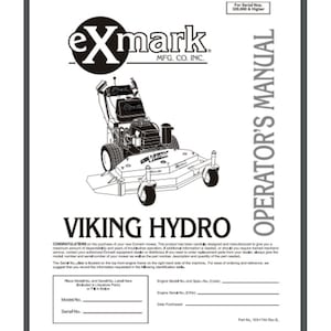 May include: Black and white illustration of a Viking Hydro lawn mower. The illustration shows the mower from a bird's eye view. The text "exmark MFG. CO. INC." is at the top of the page. The text "OPERATOR'S MANUAL" is on the right side of the page. The text "VIKING HYDRO" is below the illustration. The text "CONGRATULATIONS on the purchase of your new Exmark mower." is below the text "VIKING HYDRO".