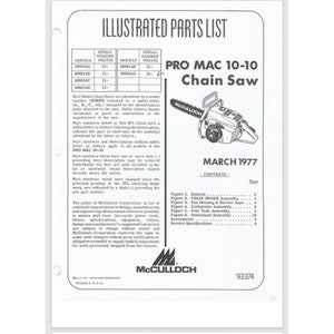 May include: Illustrated parts list for a Pro Mac 10-10 chainsaw, with a black and white image of the chainsaw and a list of parts and assemblies. The document is dated March 1977.