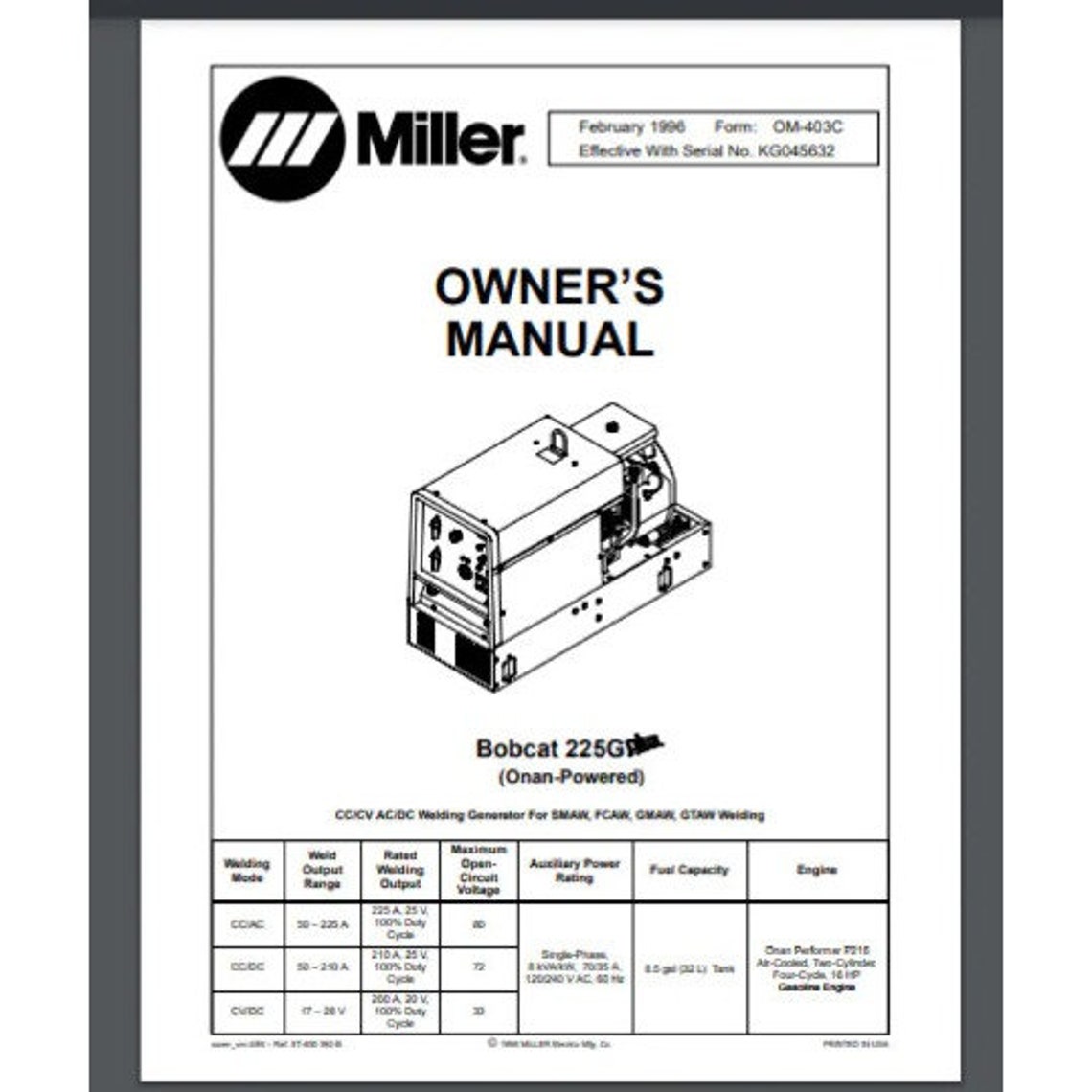 Miller BOBCAT 225G WELDER Operation & Maintenance Owner Manual Parts