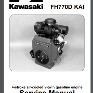 May include: Black and white image of a Kawasaki FH770D ΚΑΙ 4-stroke air-cooled v-twin petrol engine. The engine is shown in a close-up view, with the air filter, carburettor, and other components visible.