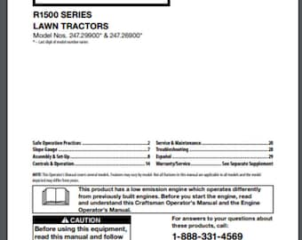 Sears Craftsman R1500 Series Lawn Tractor 247.26900 Owner Manual
