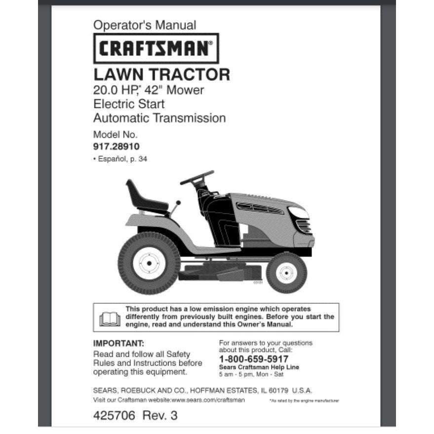 Sears Craftsman LT2000 Hydro 20 HP 42 Tractor Owners Manual