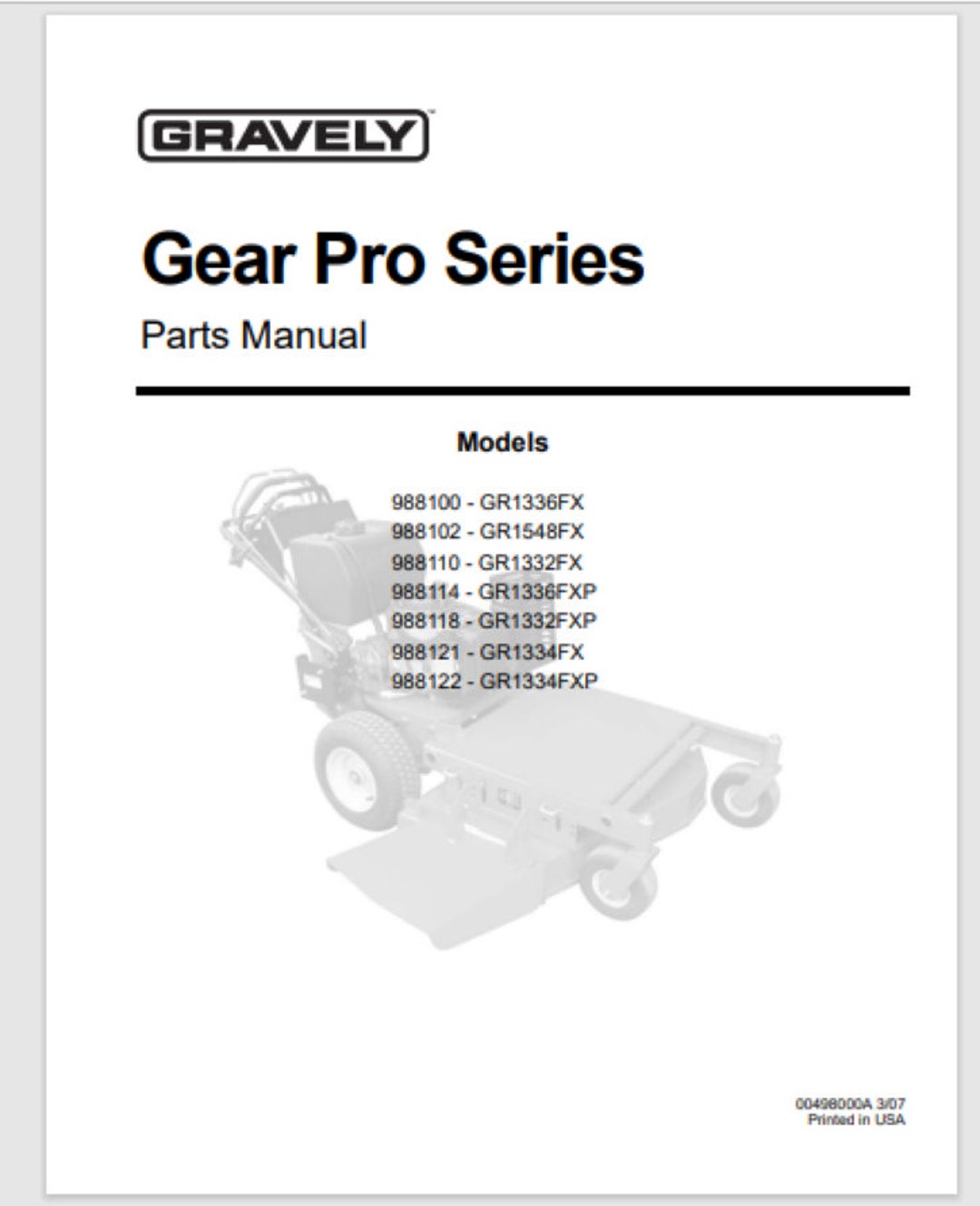 Gravely Pro Mowers Parts Manual Models 988100 Thru 988122 Instant Pdf
