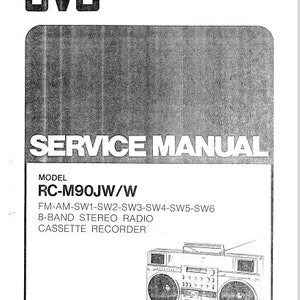 May include: Black and white service manual for a JVC RC-M90JW/W 8-band stereo radio cassette recorder. The manual includes a diagram of the device.