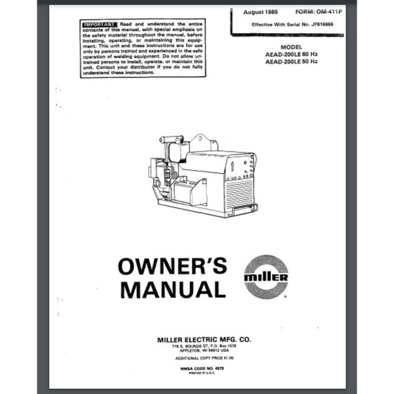 Miller AEAD-200LE Welder Owner & Parts Manual 1985 COMB BOUND - Etsy