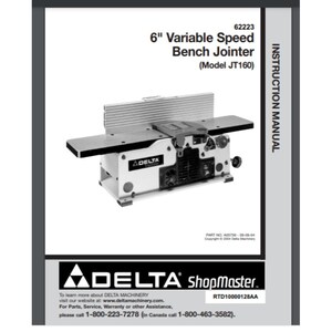 Op de afbeelding: Een zwart-witte handleiding voor een Delta Shopmaster 6 inch (15,24 cm) variabele snelheid tafelcirkelzaag. De handleiding heeft het modelnummer JT160 en het onderdeelnummer ADS5756-09-09-04. De handleiding bevat een diagram van de tafelcirkelzaag en instructies voor gebruik.