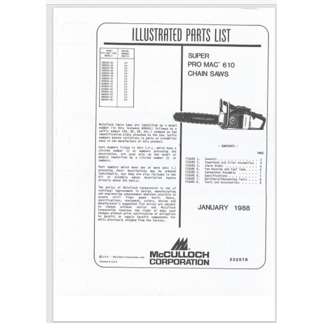 Mac Cmd260 Rv Exploded View Mcculloch Pro Mac 610 Chainsaw Illustrated Parts List 1988 Exploded ...