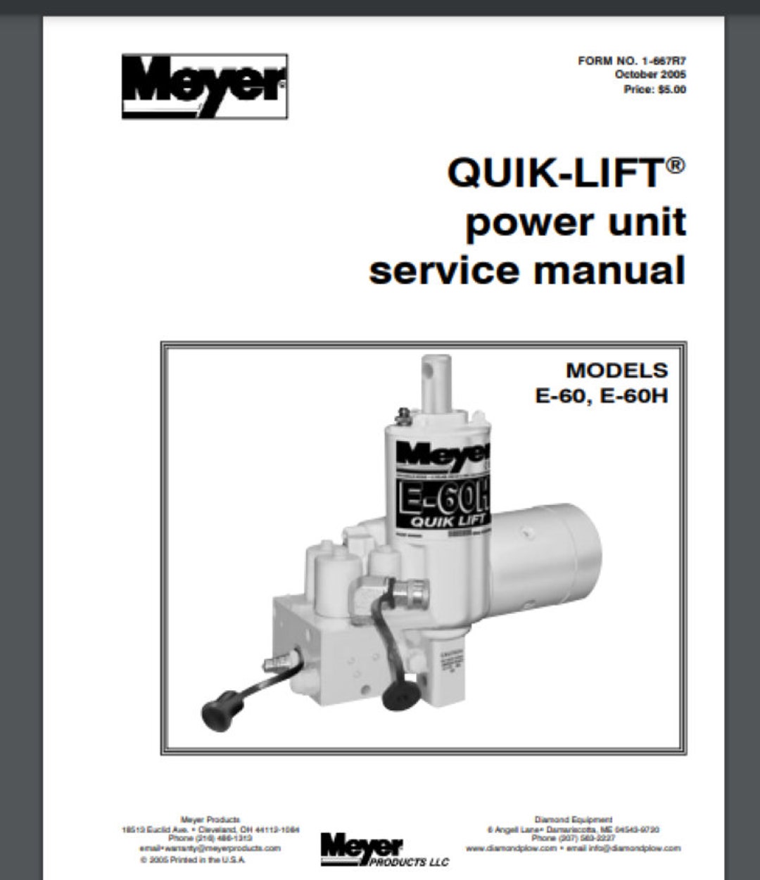 Meyer Snow Plow Pump Service Manual E60 E60H Models 56 Pg. Comb Bound