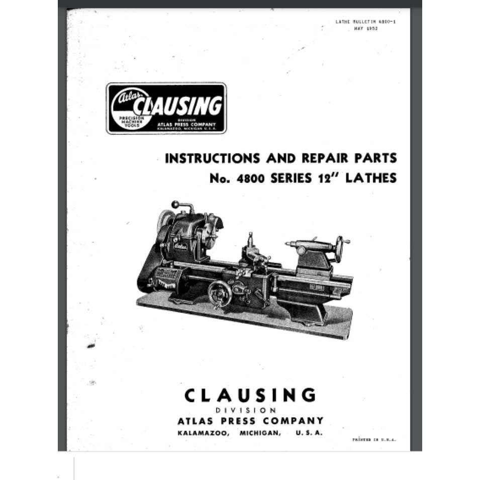 Clausing 100 Atlas 4800 Series 12 Inch Lathe Owner Parts Manual 24