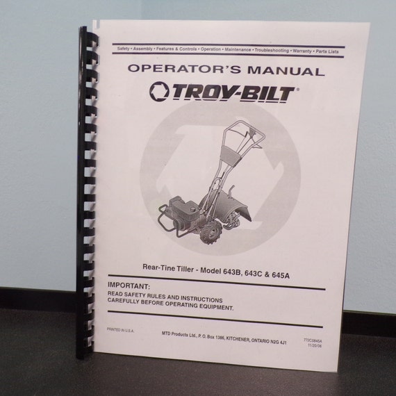 Troy Bilt Rear Tine Tiller 643B 643C 643D Operator Manual 772CO845A 
