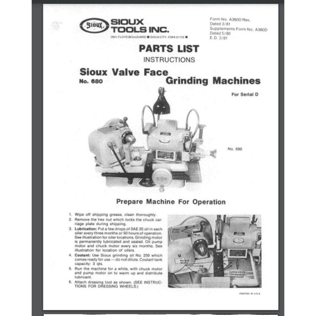 Sioux 680 Valve Face Grinding Machine Instructional Manual Etsy