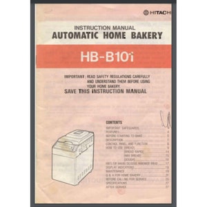 Op de afbeelding: Een witte Hitachi HB-B10i Automatic Home Bakery handleiding met een inhoudsopgave met een lijst van functies, instructies en onderhoudstips.