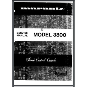以下が含まれることがあります： Marantz Model 3800 ステレオコントロールコンソールの白黒サービスマニュアル。表紙にはMarantzのロゴ、「SERVICE MANUAL」、「MODEL 3800」の文字と回路図が描かれています。