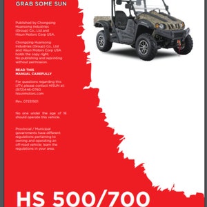 May include: A red and white owner's manual for the HS 500/700 off-road vehicle. The manual cover features a photo of a camouflage-colored off-road vehicle with a roll cage and a windshield.