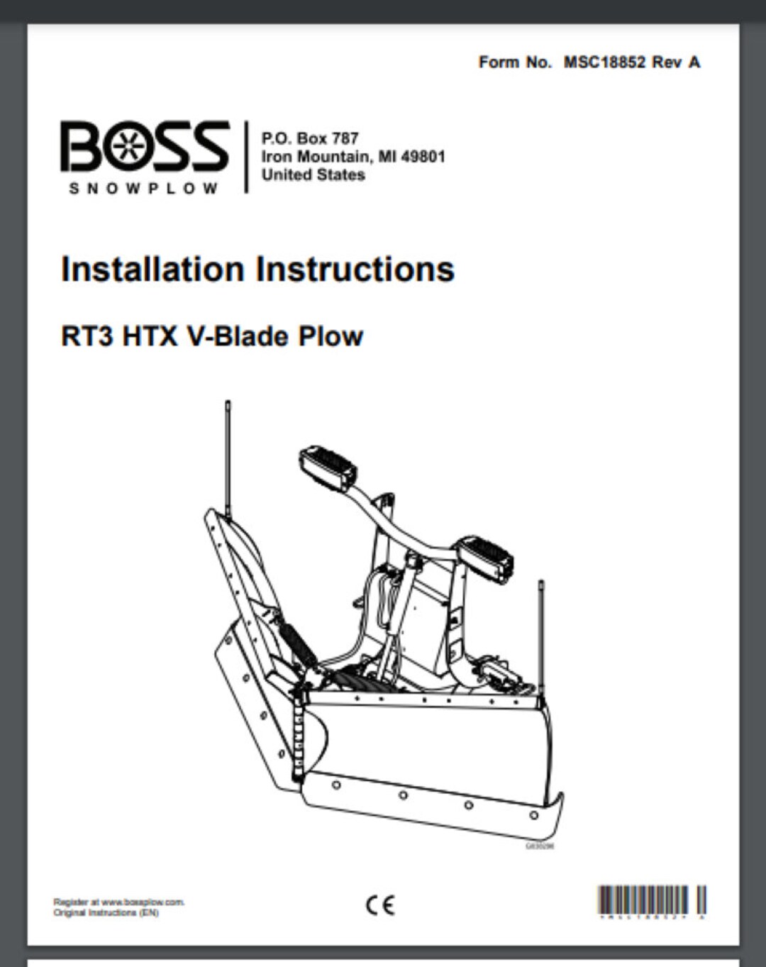 Boss RT3 HTX V-blade Snowplow Installation Instructions Manual 28 Pages ...