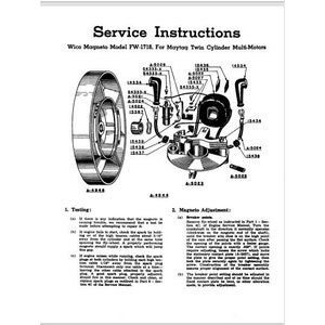 May include: A black and white diagram showing the parts of a Wico Magneto Model FW-1718 for Maytag Twin Cylinder Multi-Motors. The diagram includes labels for each part, such as A-5028, 15436, 54333-X, A-5022, A-5027, 15433, 54333-X, A-5021, A-5024, 14522, 15387, 15439, 15438, 15437, 14534, 15434, A-5024, 15438, 4-5085, A-5023, A-4944, A-4946, and 14534. The diagram also includes instructions for testing and adjusting the magneto.