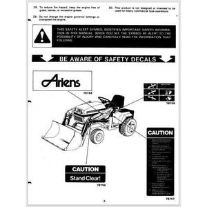Op de afbeelding: Lijntekening van een Ariens-tractor met een voorlader. De afbeelding bevat veiligheidswaarschuwingen en de tekst "BE AWARE OF SAFETY DECALS". Extra tekst is "CAUTION Stand Clear!" en "CAUTION."