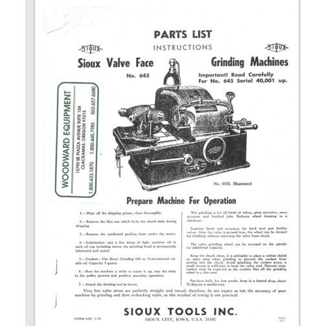 Souix Valve Face Grinder Manual Model 645 Etsy