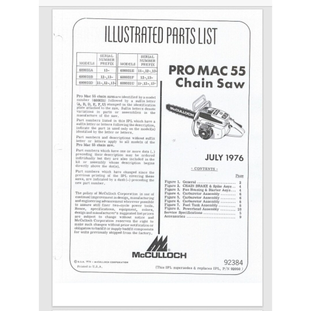 Mcculloch Pro MAC 55 Illustrated Parts List 1976 Exploded Views 11