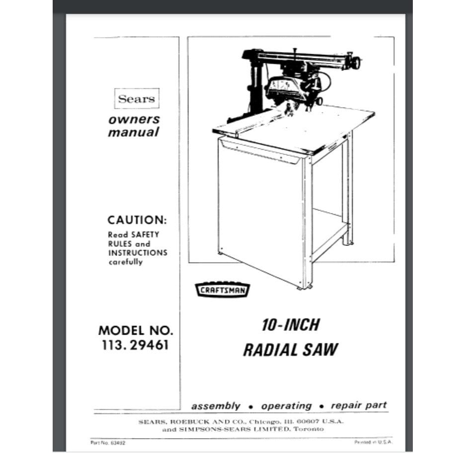 Sears Craftsman 10 Radial Arm Saw 113.29460 Owners Parts Manual 36